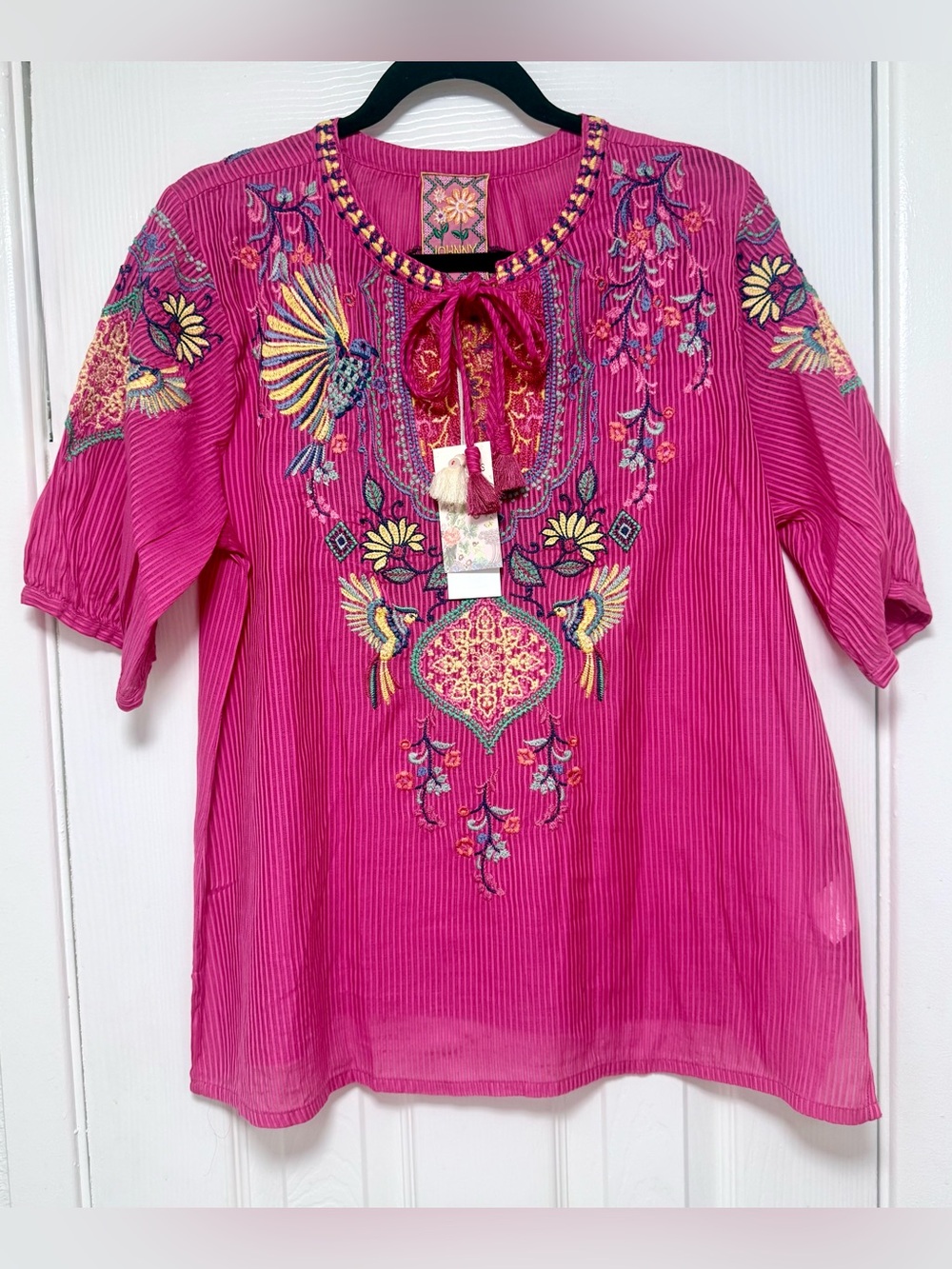 Johnny Was Pink Floral Embroidered Label Top